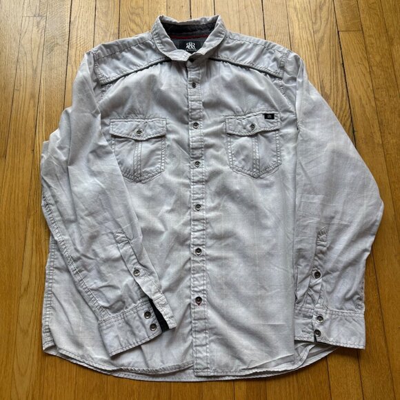 Rock & Republic Size XL Light Gray Plaid Utility Chest Pockets Button-Up Shirt - Picture 2 of 13